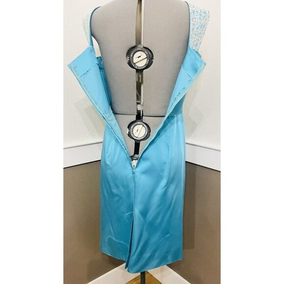 Vintage Turquoise Sleeveless Satin Sheath Dress White Lace Papillon - Picture 8 of 11